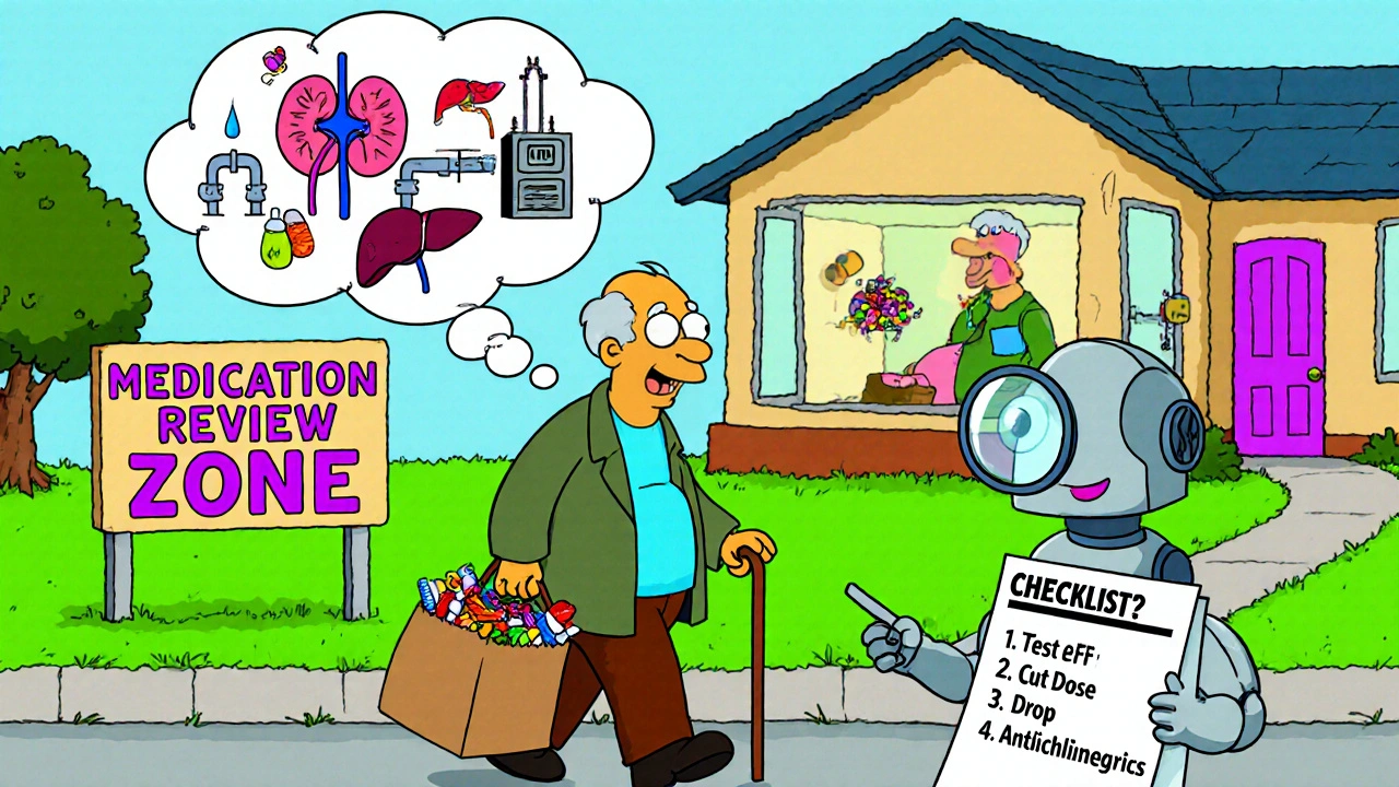 An older adult carrying a bag of pills walks past a medication review sign, with a thought bubble showing body systems failing.