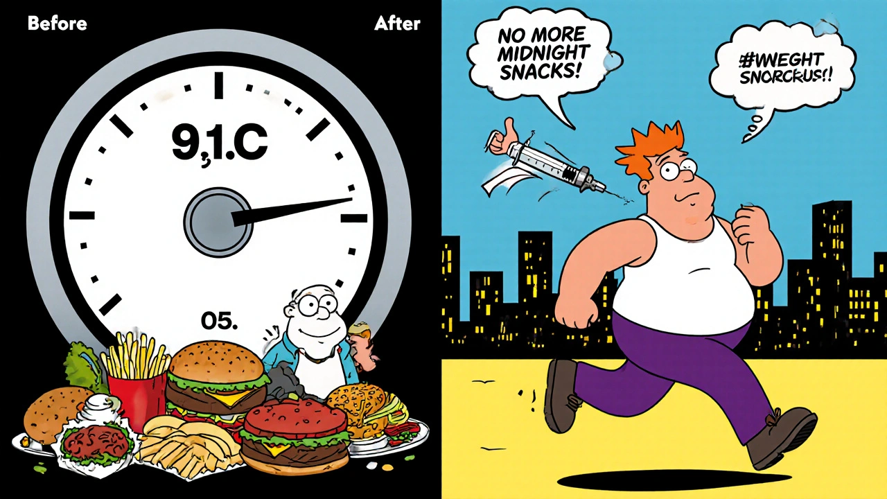 Before-and-after cartoon character: left side overweight with junk food, right side slim jogging past weight loss banner.