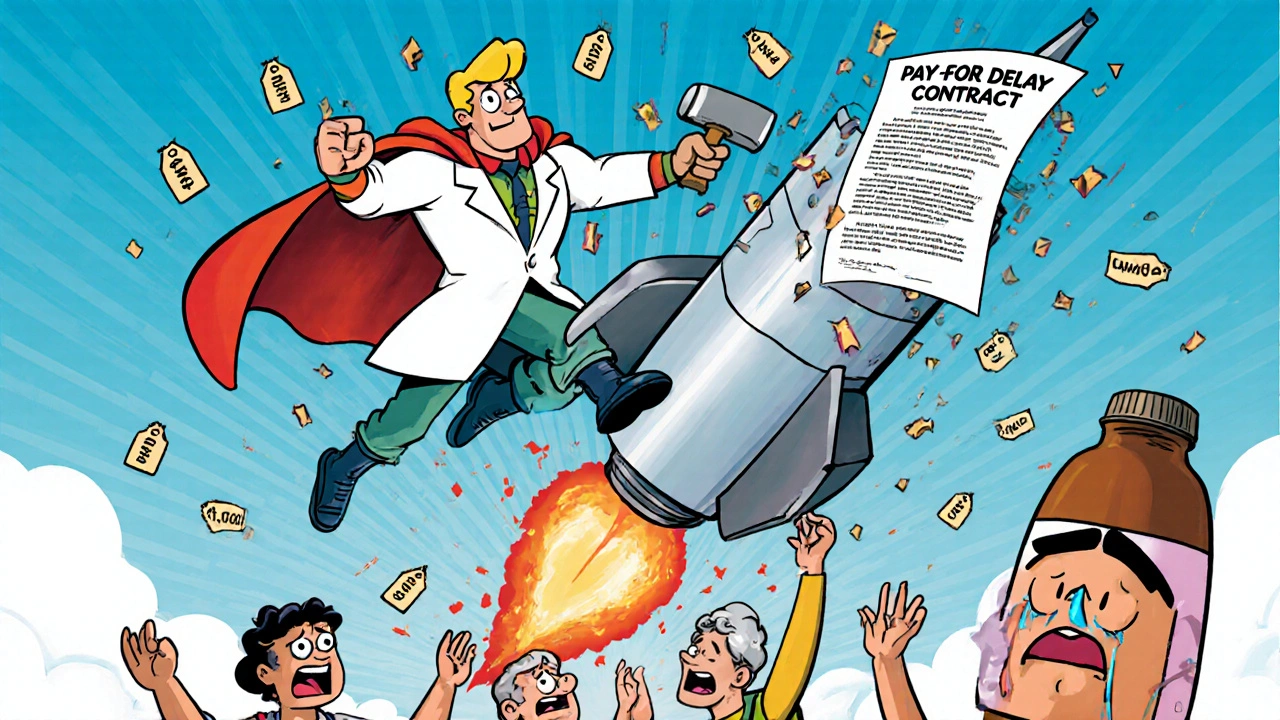 Biosimilar superhero smashing a pay-for-delay contract while drug prices plummet.