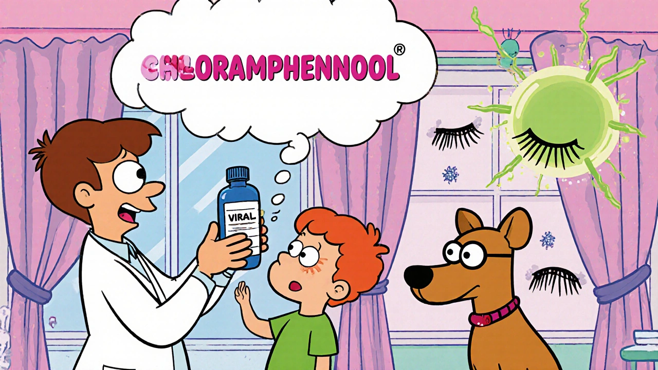 Child receiving eye drops while a viral sneeze cloud floats above in a whimsical clinic