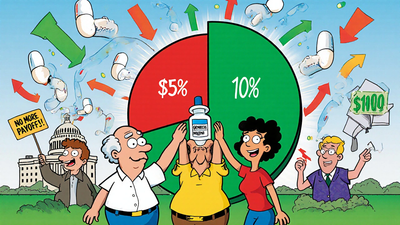 Diverse patients celebrating with low-cost insulin as a savings pie chart and Congress vote in background.