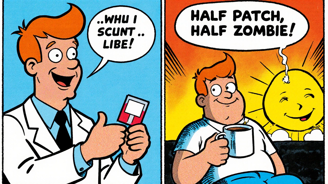Doctor giving half patch to patient; same patient awake and alert next morning with coffee.