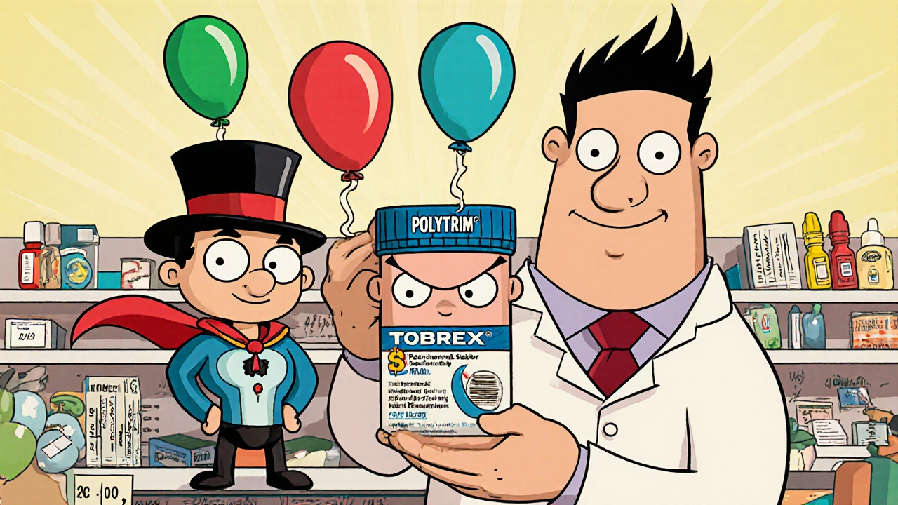 Doctor holding three cartoon eye drop bottles with funny faces and price tags