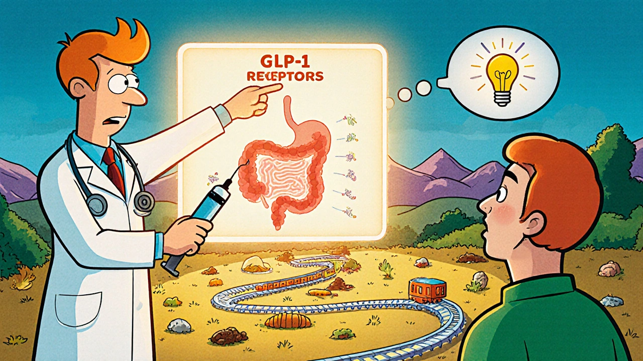 Doctor points to glowing GLP-1 receptors as food moves slowly through a cartoon stomach with brain saying &#039;Full!&#039;
