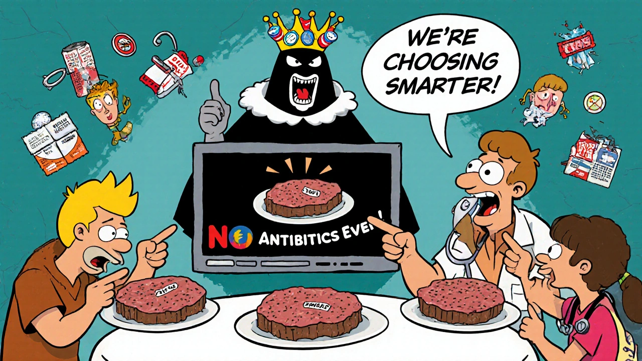 Family eating meat labeled &#039;No Antibiotics Ever&#039; while a superbug king watches from a TV screen