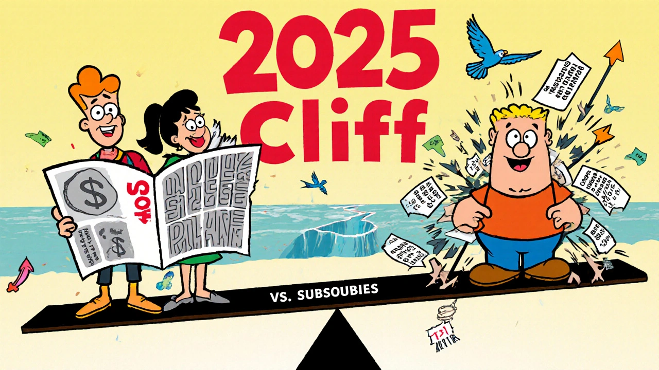 Family on a seesaw with income and subsidies, facing a cliff labeled 2025.