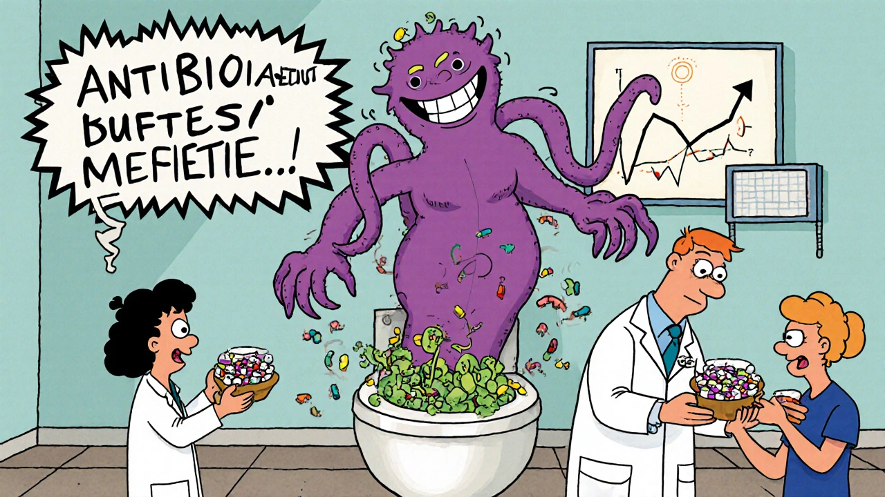 Hospital scene with C. difficile monster eating good bacteria as doctors hand out antibiotics like candy