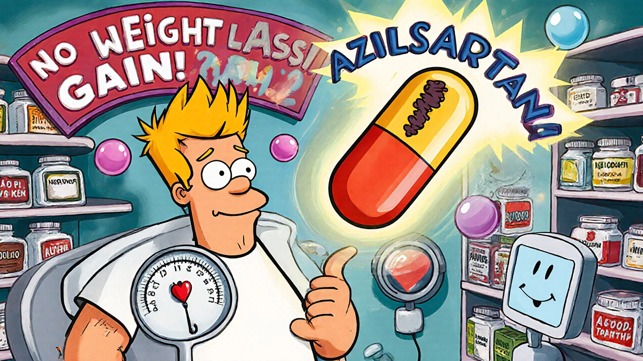 Man on a scale with azilsartan pill blocking harmful interactions.