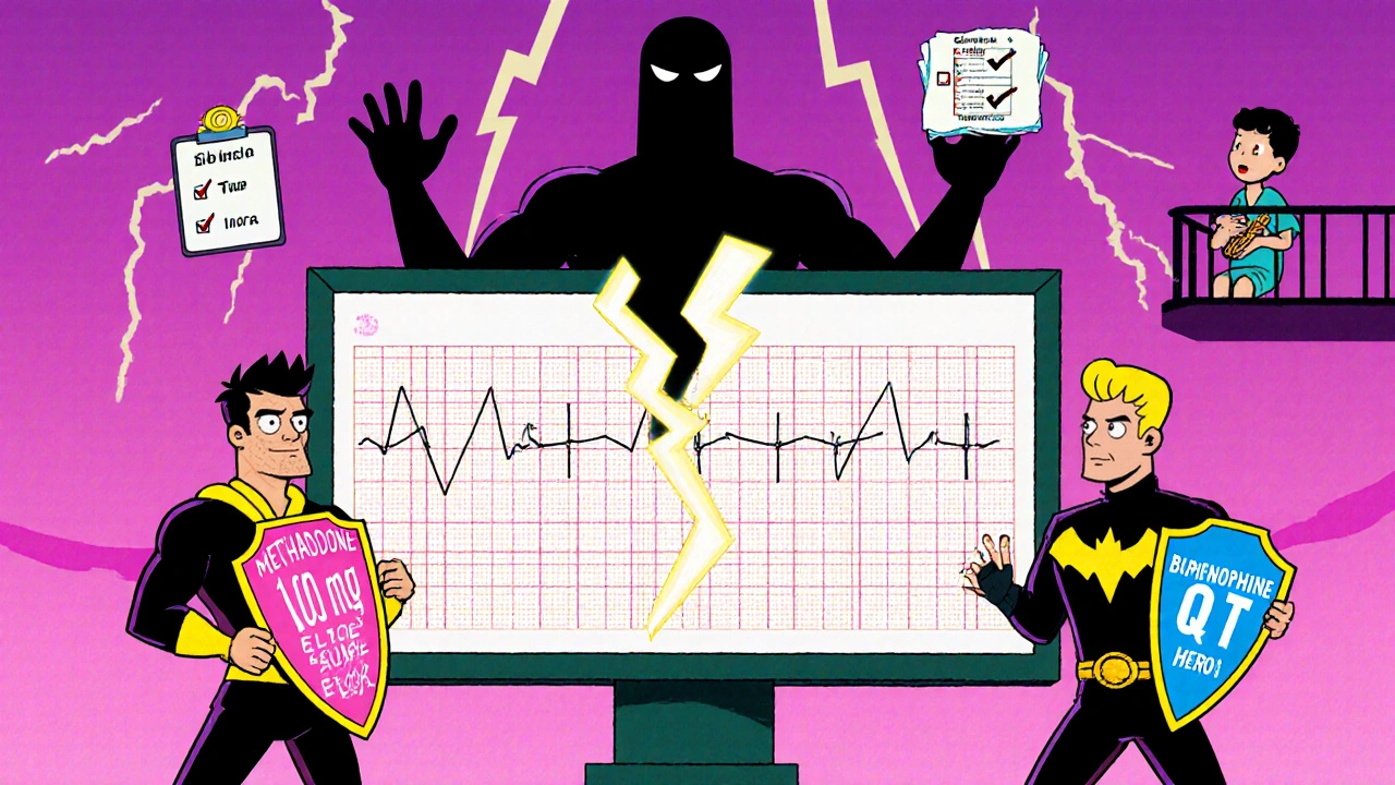 Methadone Man and Buprenorphine Hero facing off on an ECG monitor, with Torsades de Pointes looming, in classic cartoon style.