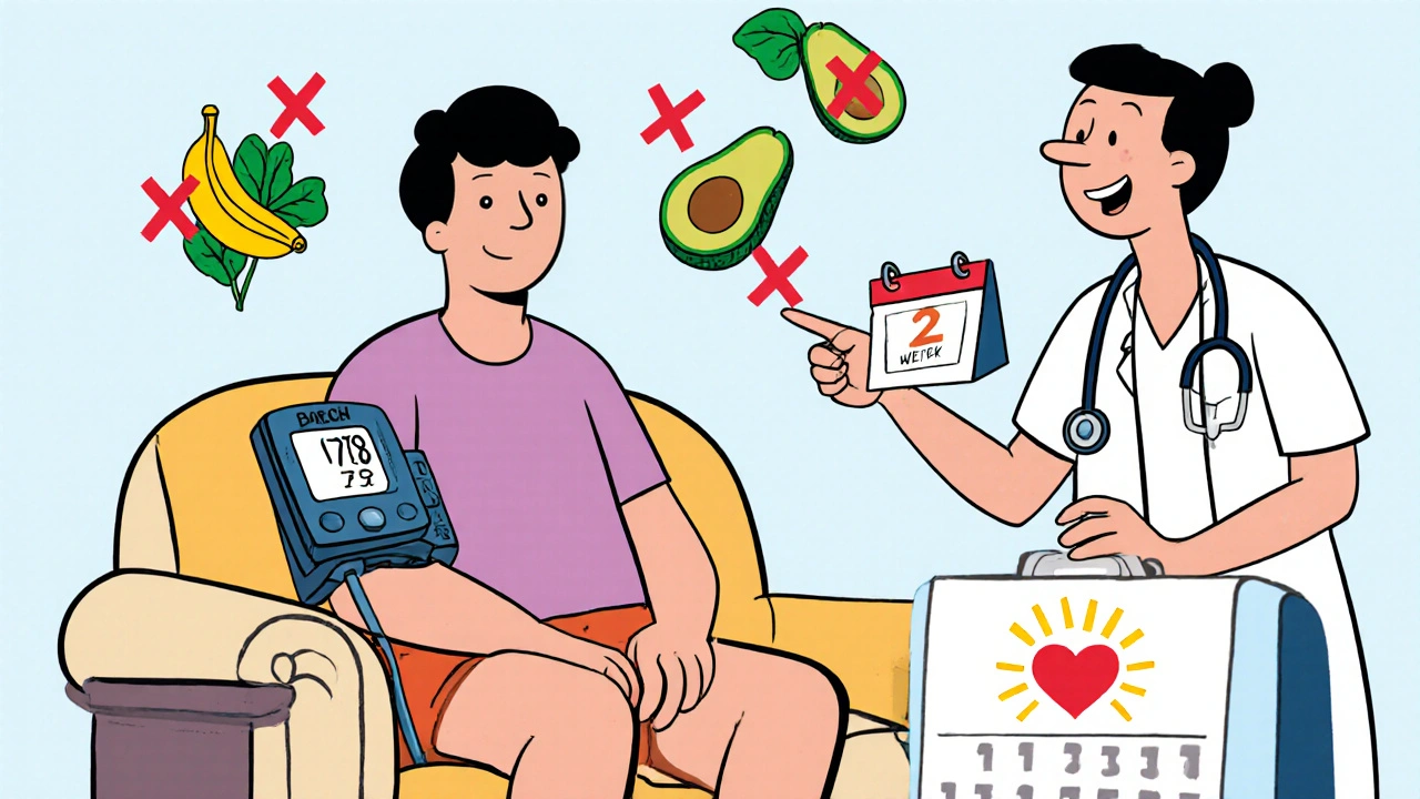 Patient checking blood pressure at home with foods marked by X&#039;s nearby.