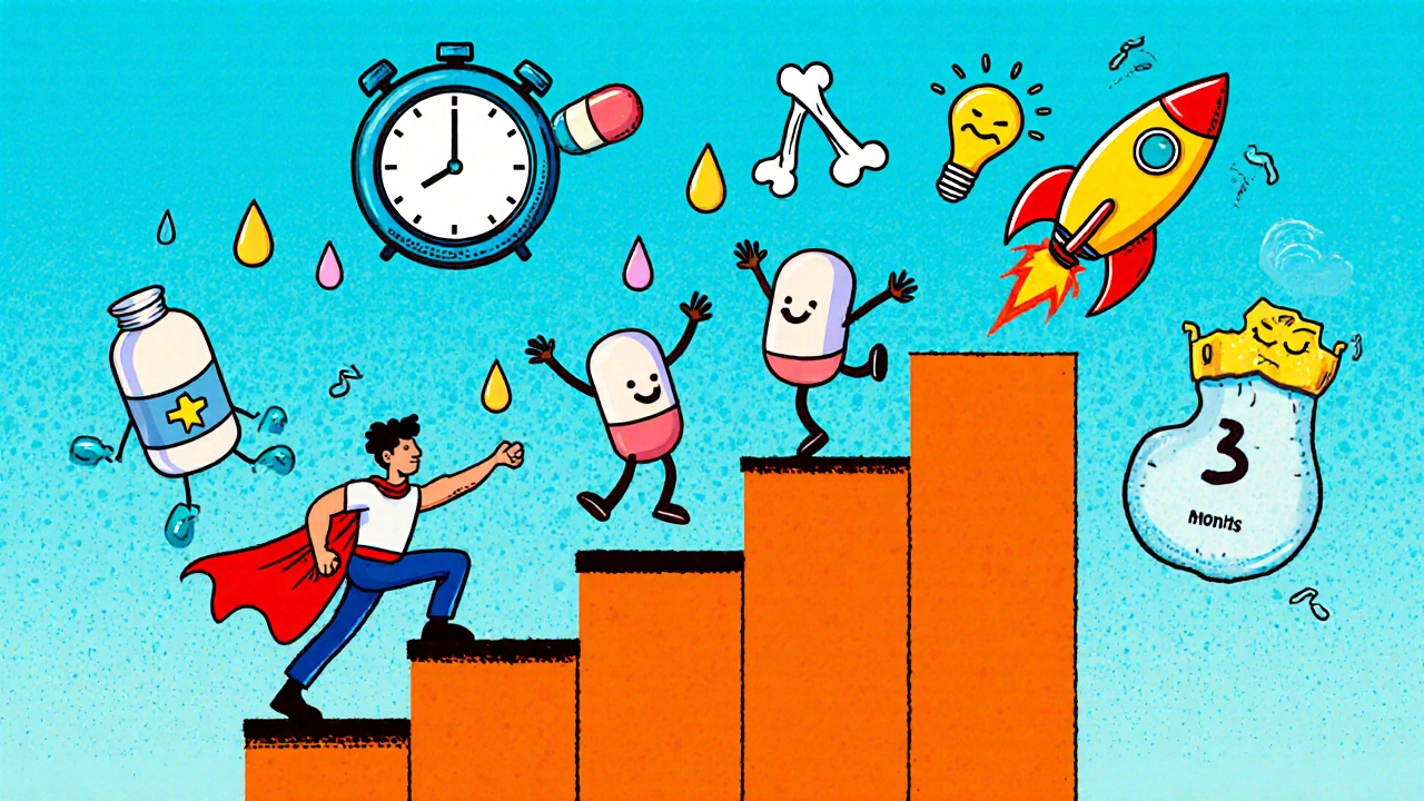 Patient climbs a medical treatment ladder with pills as steps toward remission.