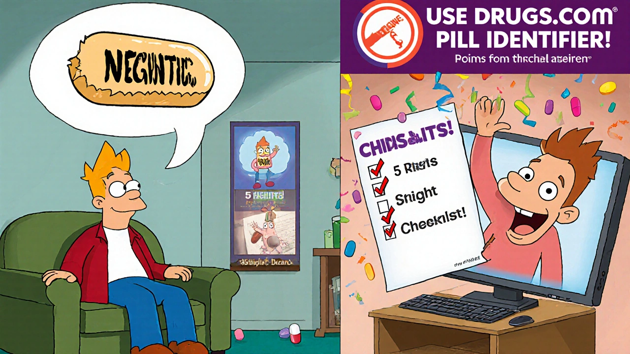 Patient comparing pill photos with checklist, smiling after switching generics