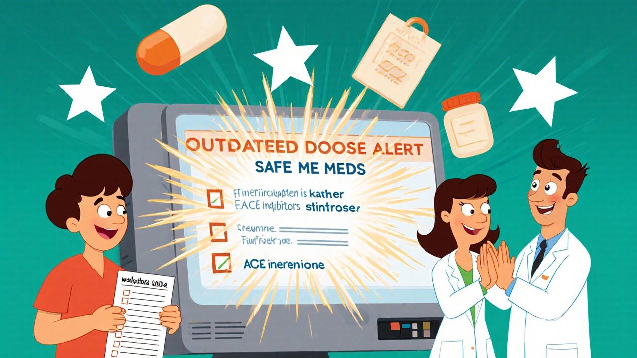 Patient with medication list stands before faulty computer as doctors celebrate safe dosing.