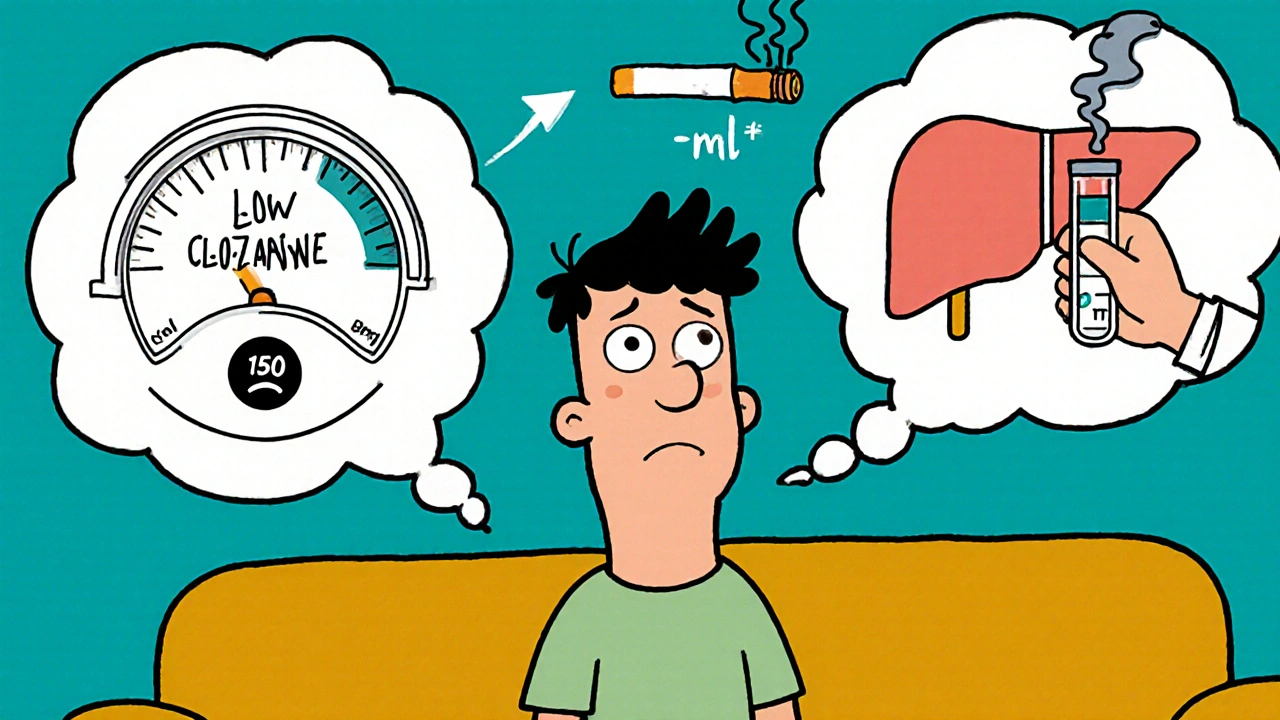 Patient with thought bubbles showing low medication levels and smoking effects