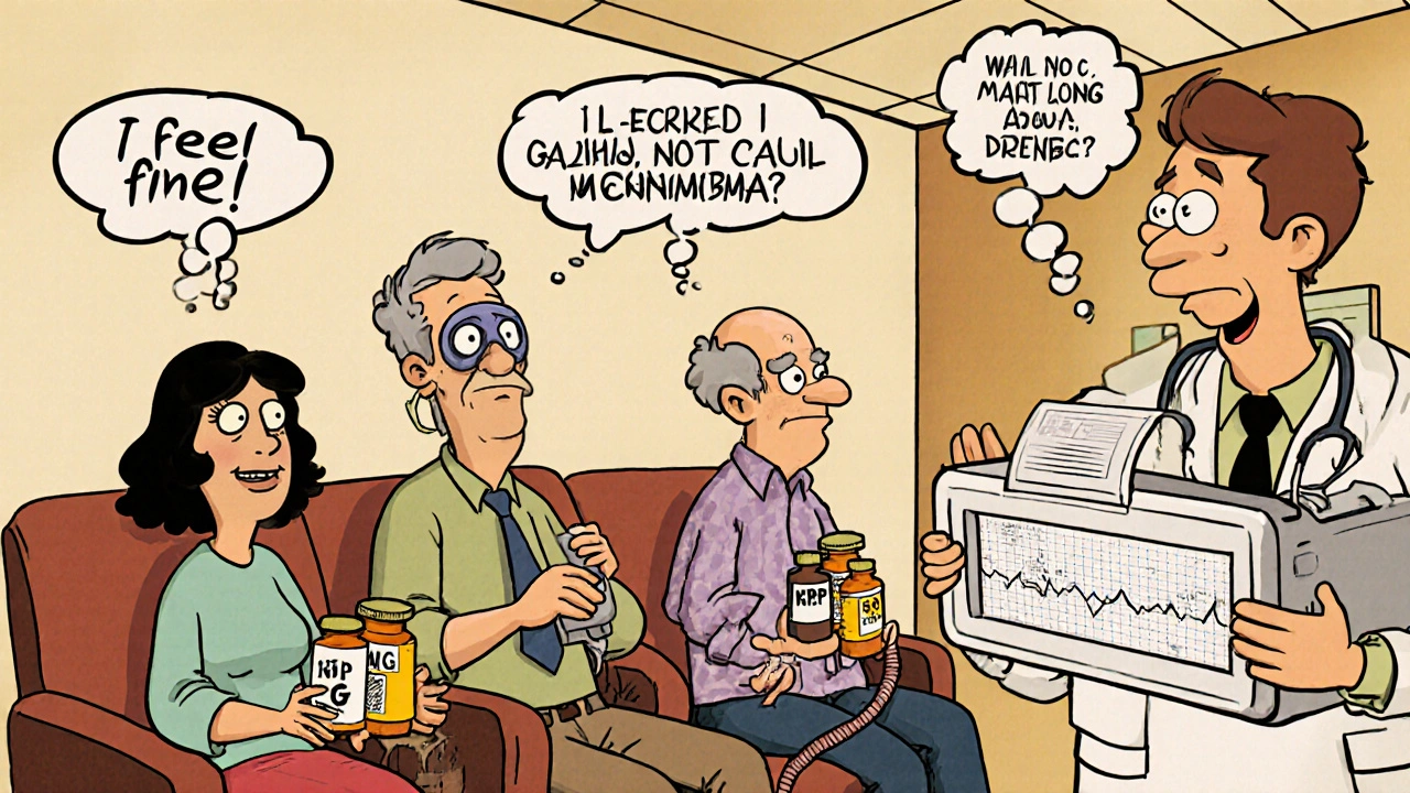 Patients in a clinic with exaggerated risk factors, a doctor holding an ECG machine, in Hanna-Barbera cartoon style.