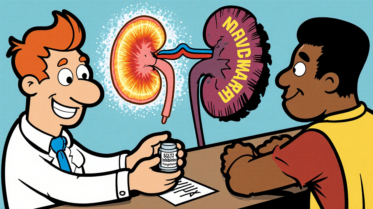 Pharmacist gives safe kidney-protecting pill while superhero kidney cheers in background.