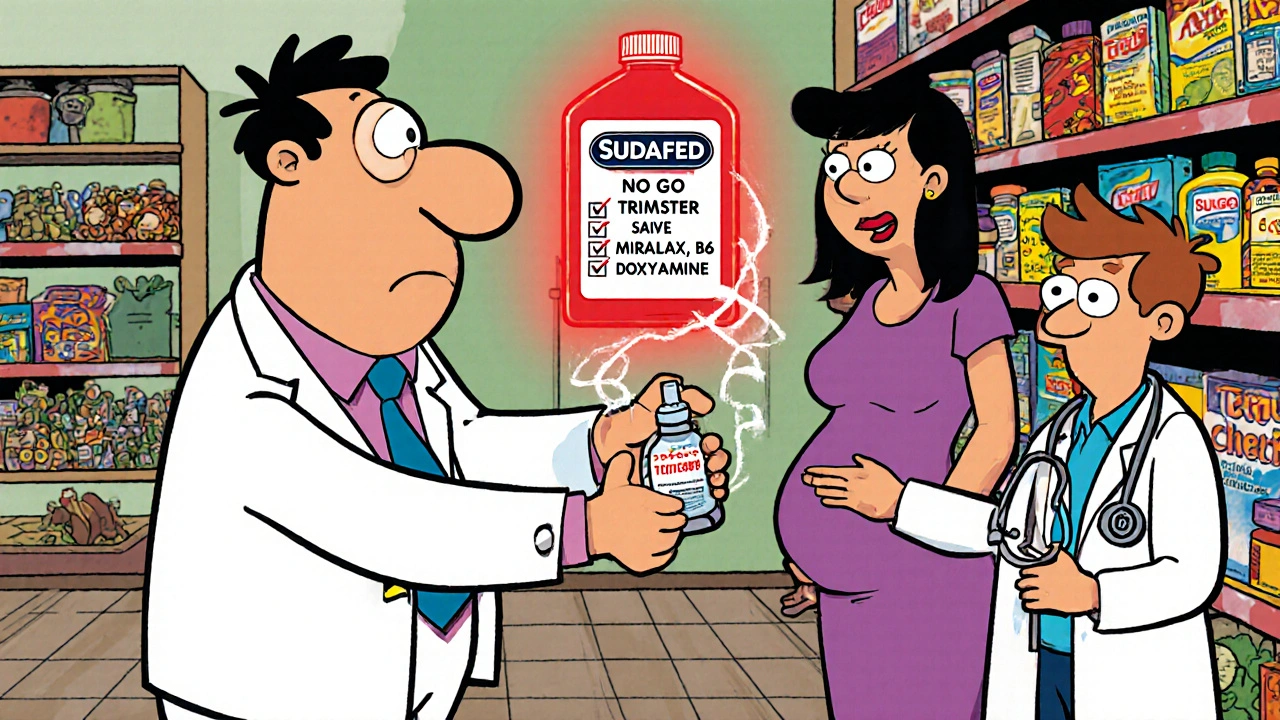 Pharmacist giving saline spray to pregnant woman, Sudafed bottle marked &#039;NO GO&#039; in background
