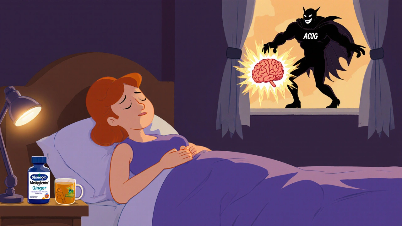 Pregnant woman sleeping peacefully with melatonin and ginger tea, &#039;Benadryl&#039; monster being pushed out window