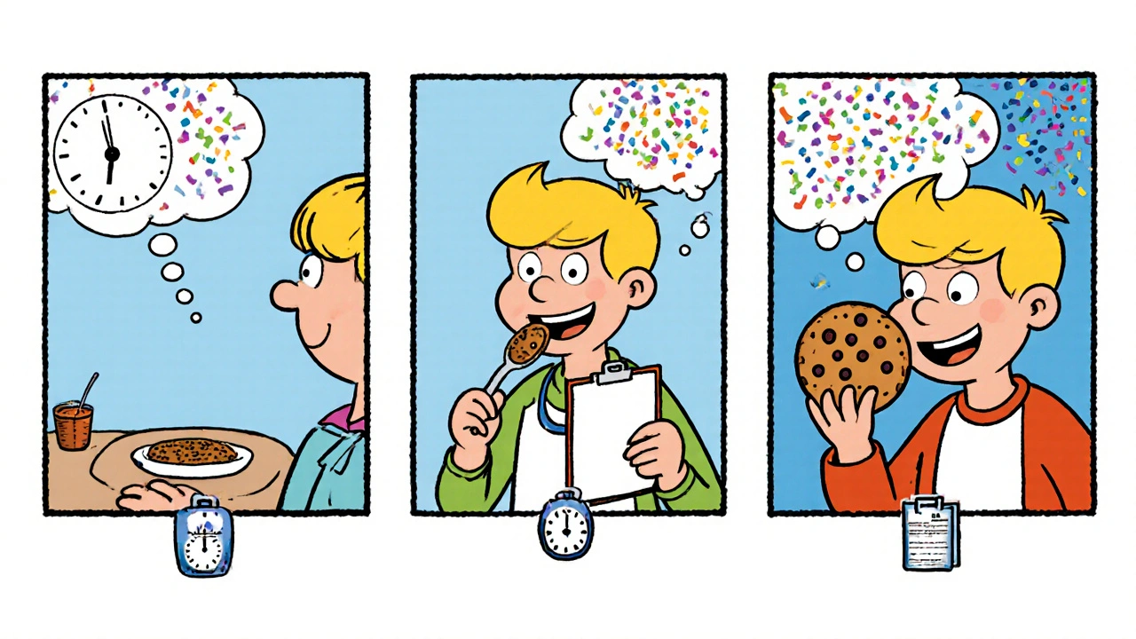 Sequential cartoon panels show gradual food dosing during an oral challenge, with calm medical staff and harmless reactions turning into confetti.