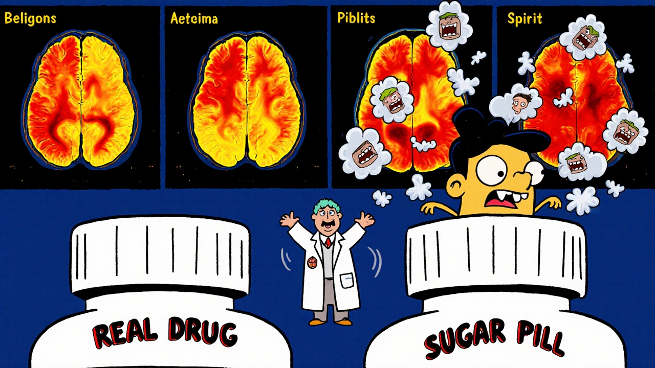 Two pill bottles with identical brain scan activity, as a cartoon Nocebo Monster emerges from the sugar pill causing exaggerated symptoms.