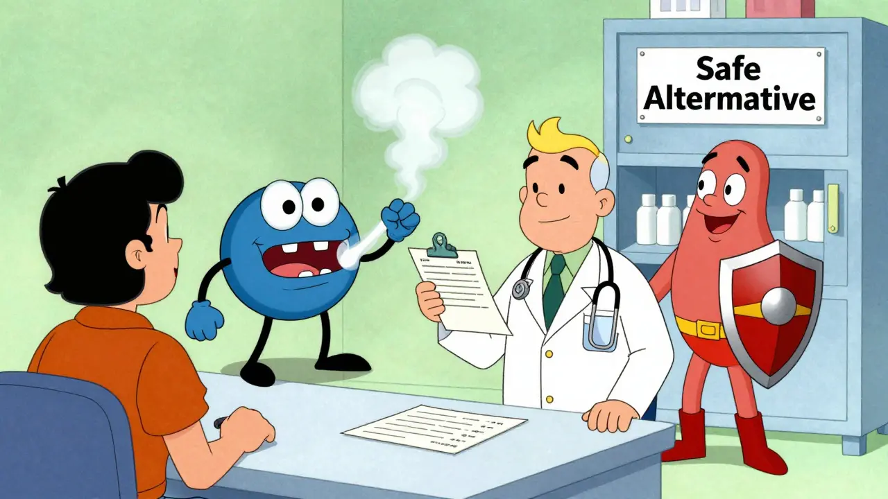 A cartoon doctor unknowingly prescribes a monster that chokes a liver enzyme, while a heroic azithromycin pill stands ready as the safe alternative.