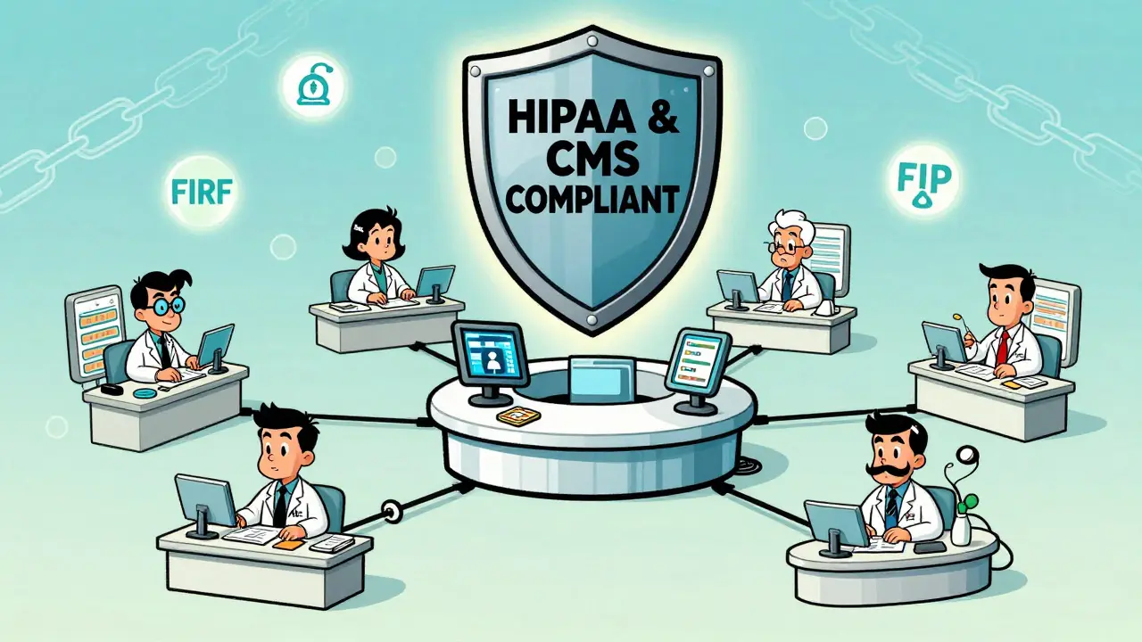 A central pharmacy control hub connected to local pharmacies, with compliance shields and digital symbols glowing above.