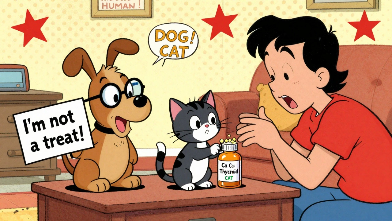 A dog and cat holding medicine bottles as a human nearly grabs the wrong one.