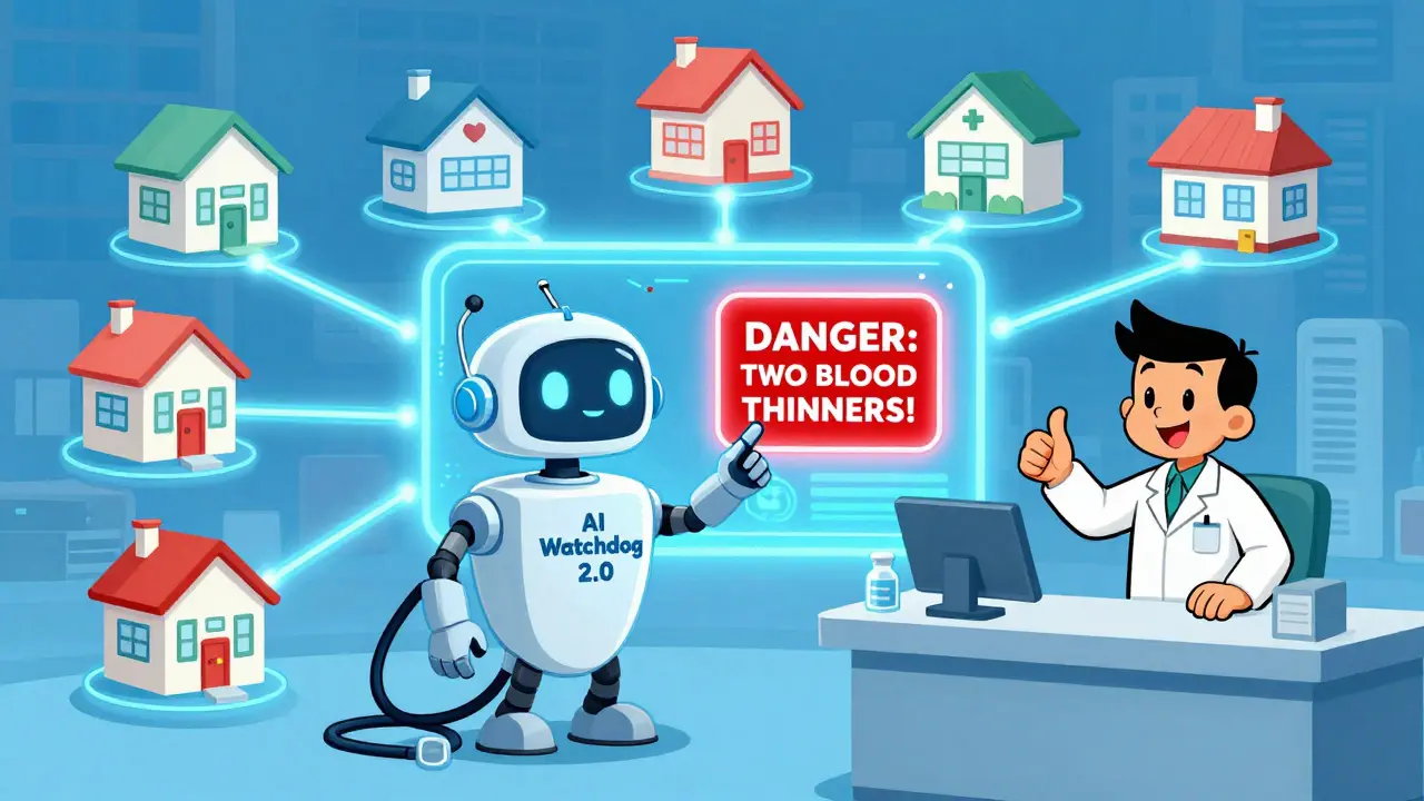 A friendly AI robot and pharmacist at a central pharmacy dashboard alerting and overriding a dangerous drug interaction.