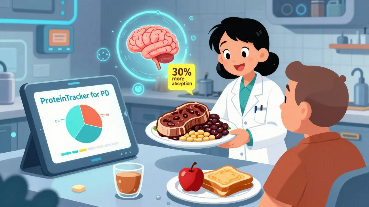 A futuristic app helps a patient redistribute protein intake, with dinner high in protein and breakfast low.