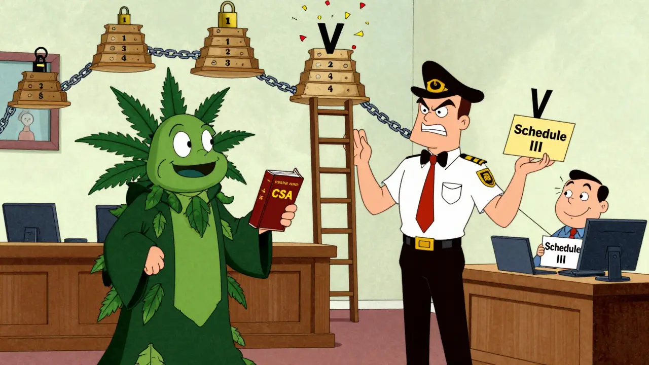 A marijuana plant arguing with a DEA agent in a cartoon courtroom with five schedule tiers floating above.