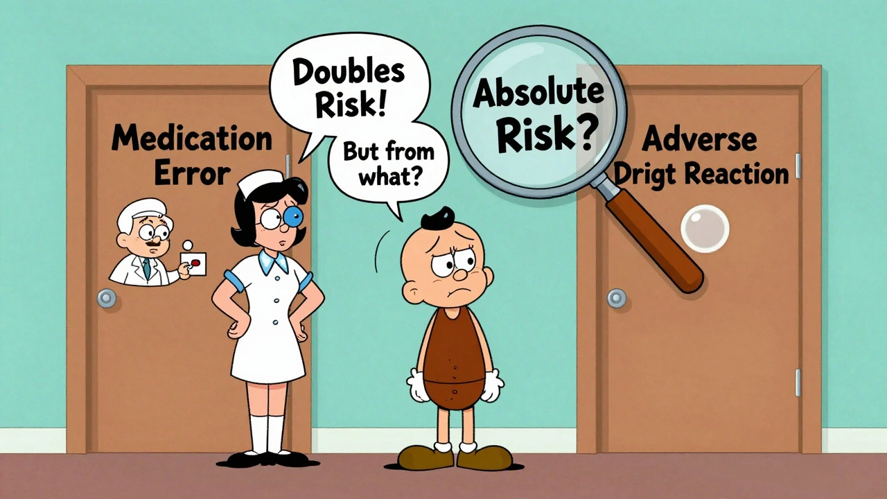 A patient choosing between medication error and adverse reaction, with a magnifying glass highlighting absolute risk.