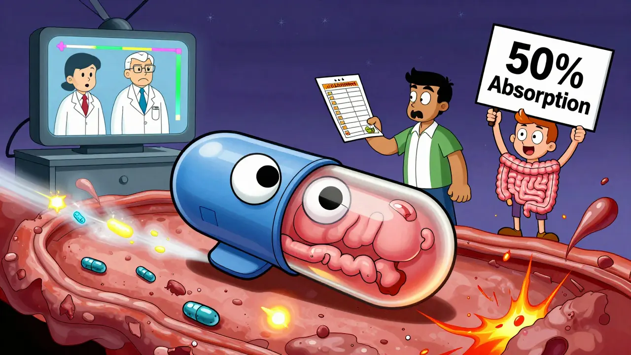 A smart capsule with eyes and a jetpack flying through an inflamed intestine, watched by doctors on a floating screen.