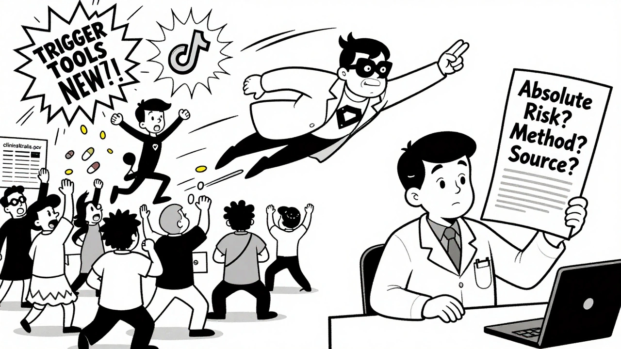 A superhero using trigger tools to combat fake news, while a patient consults a doctor with a printed study.