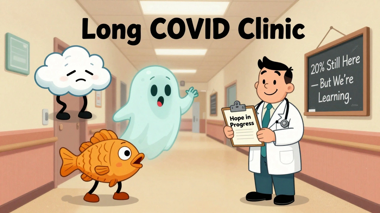 A whimsical clinic where long COVID symptoms appear as friendly cartoon characters, with a doctor offering hope and care.