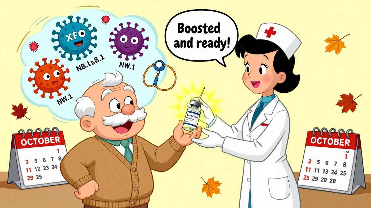 An elderly man getting a 2024-2025 COVID vaccine, with animated virus variants being targeted by the shot in autumn setting.