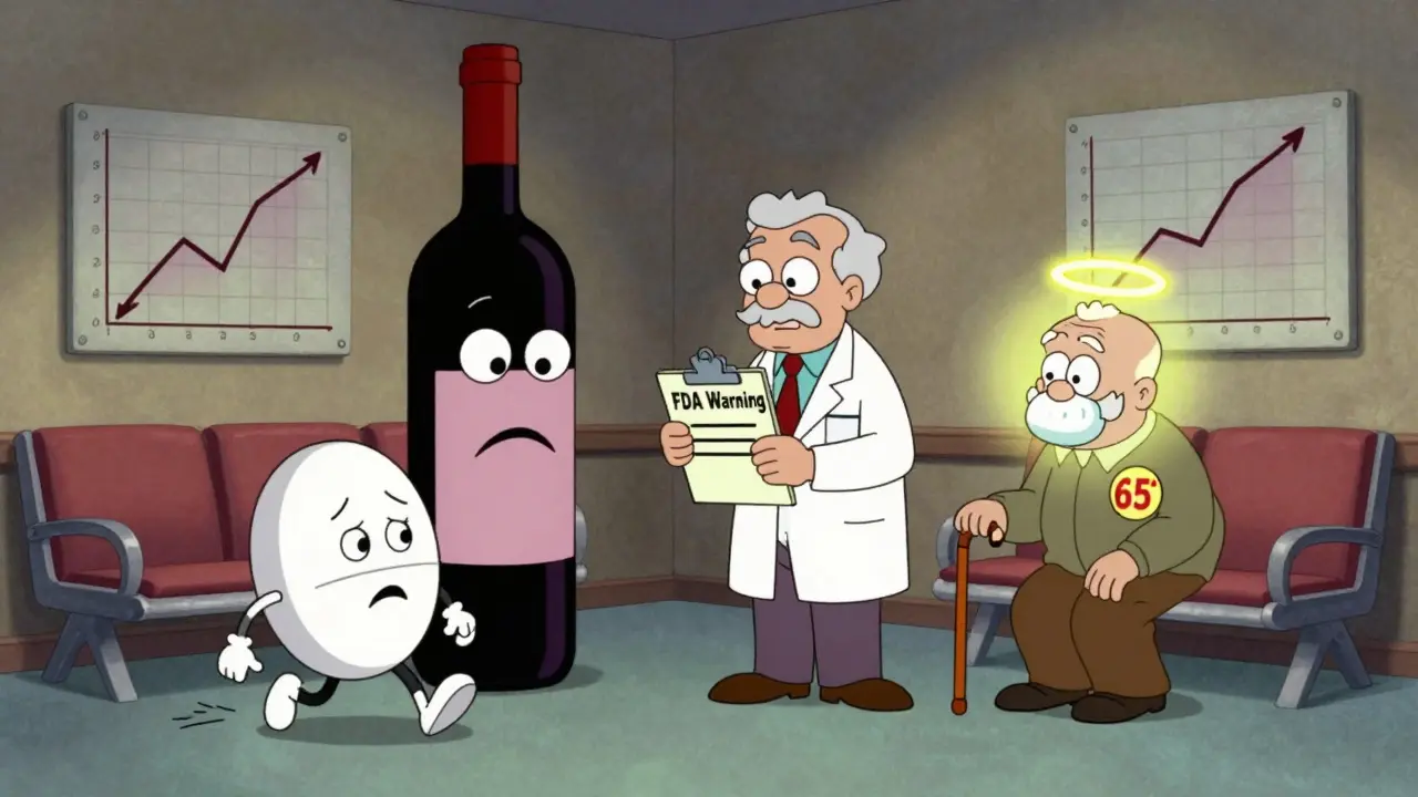 Anthropomorphic pills fleeing wine bottle in ER, senior being helped by melatonin halo