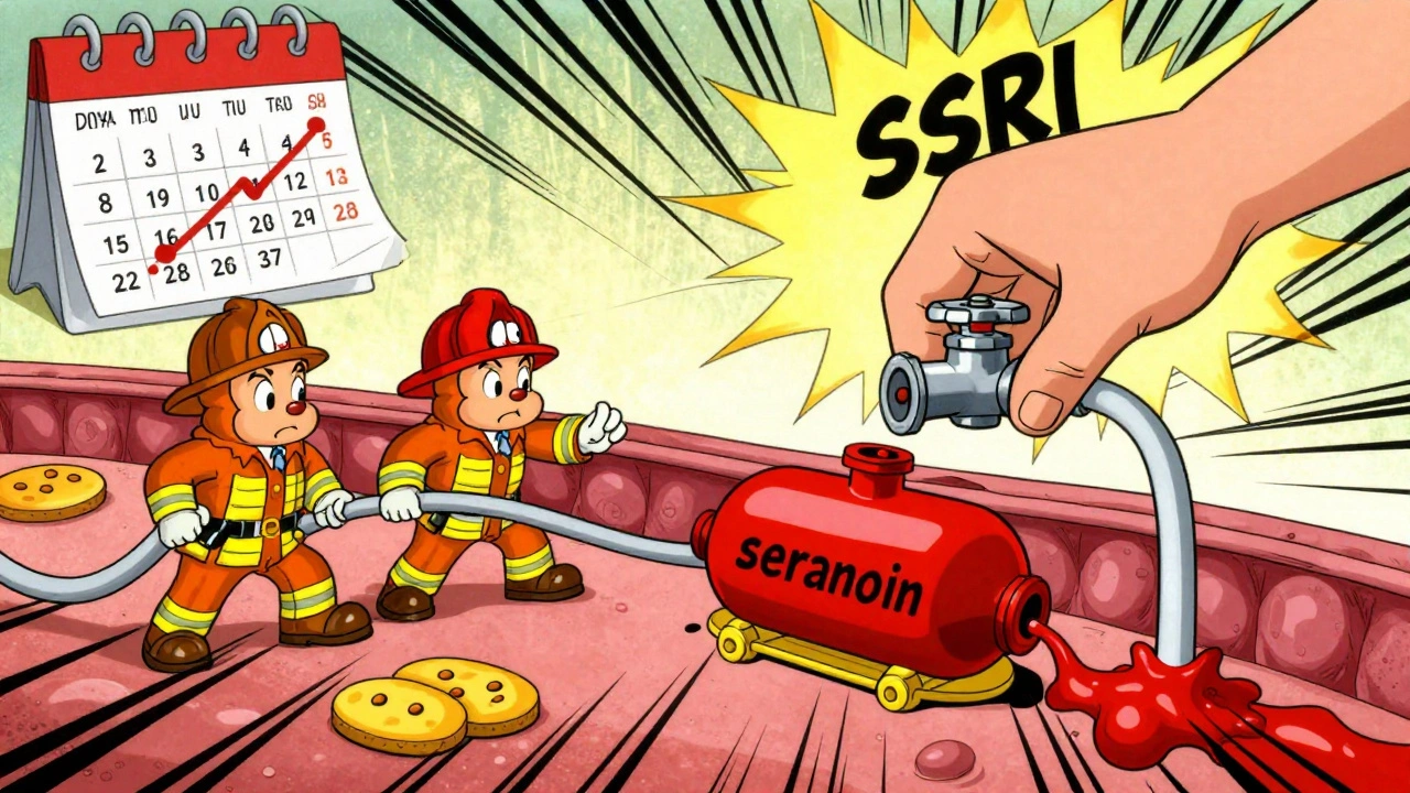 Cartoon platelets as firefighters without water, serotonin tank draining as SSRI turns off valve.