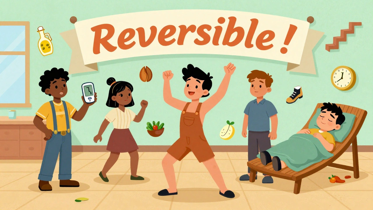 Diverse group in community center with healthy habits, glucose monitor showing improvement.