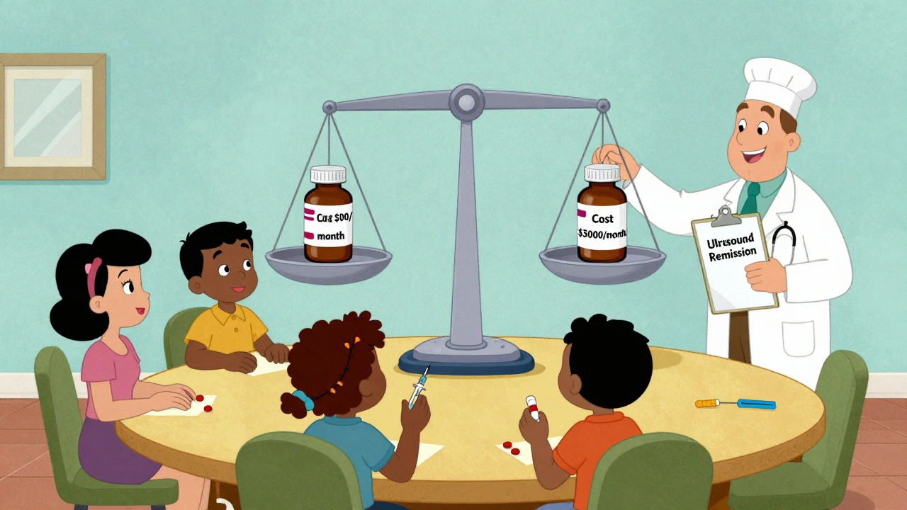 Diverse patients compare RA treatments on a cost scale, with doctor holding ultrasound report.