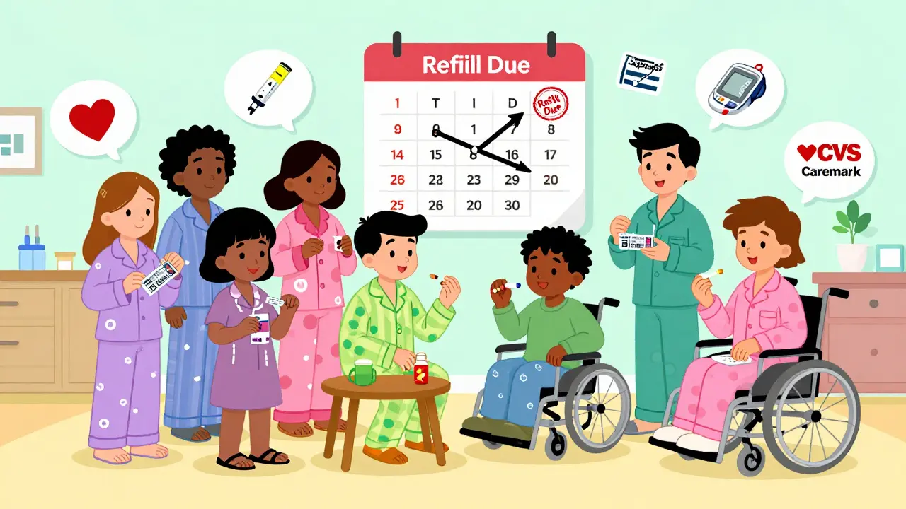 Diverse people taking chronic meds with floating health icons and a refill calendar.