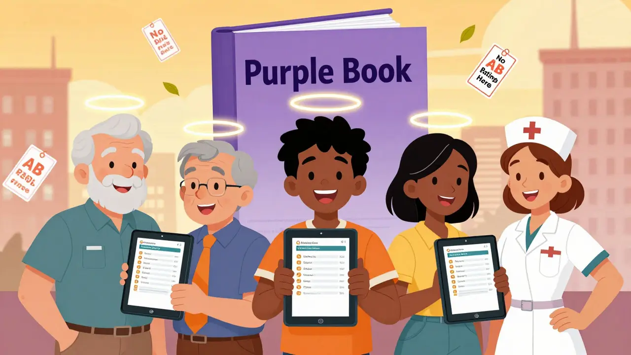 Diverse people view the Electronic Orange Book on tablets with glowing AB ratings, while the Purple Book looms in the distance.