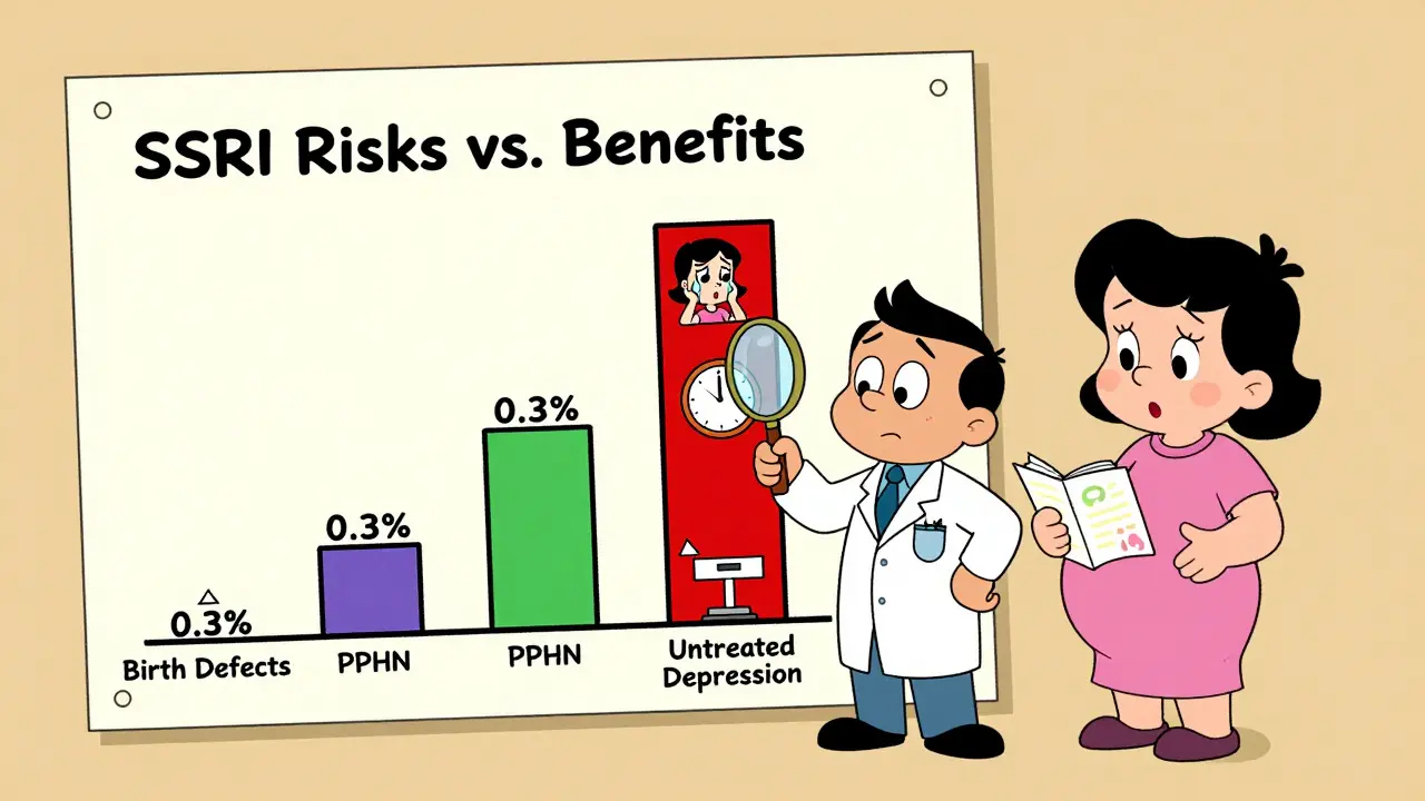 Doctor explaining SSRI risks with cartoon chart, pregnant patient nodding confidently.