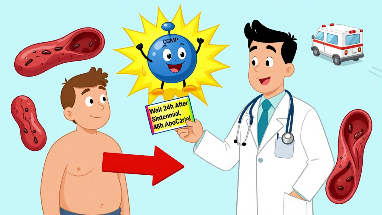 Doctor gives patient a safety card while cGMP molecule explodes and blood vessels collapse in background.