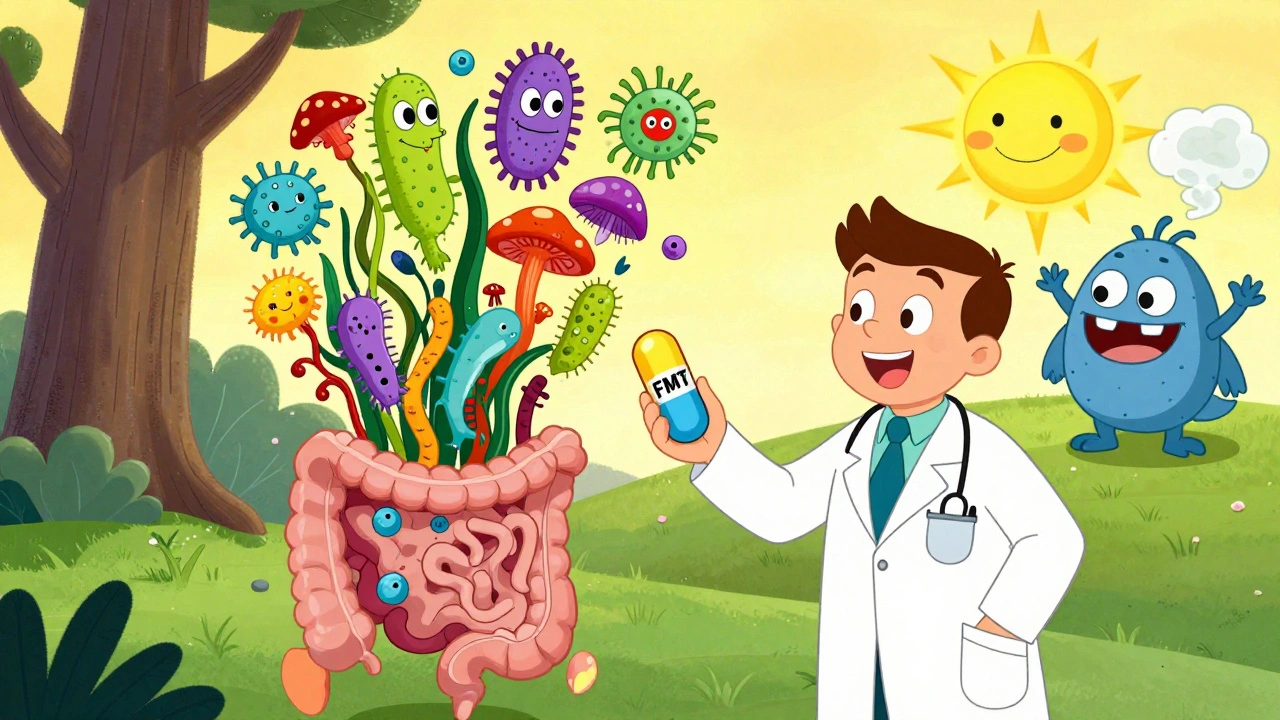 Doctor giving a fecal transplant capsule as a vibrant gut ecosystem is restored