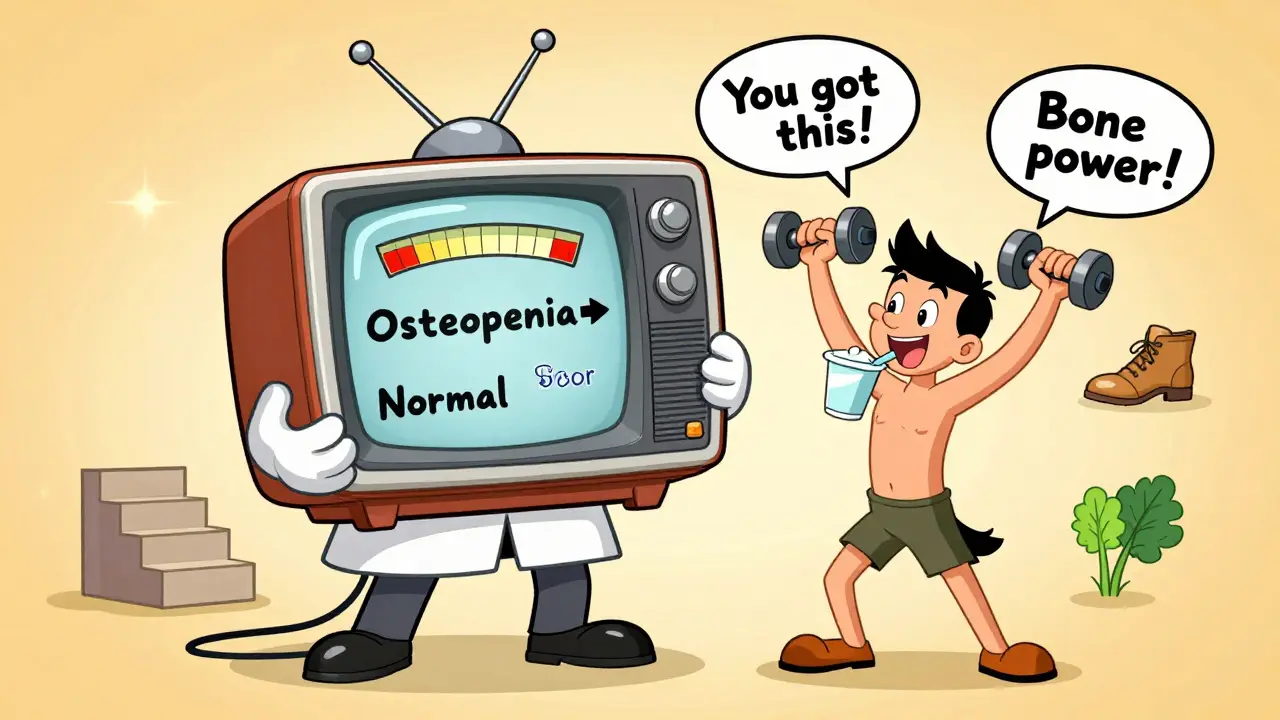 Doctor showing bone scan results as patient exercises, with food and activity icons floating nearby.