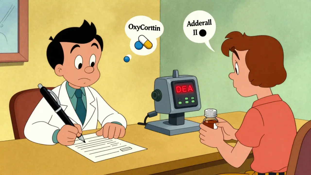 Doctor writing a Schedule II prescription while a patient tries to refill it at the pharmacy counter.