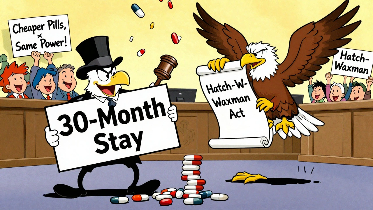 FDA eagle stopping a patent lawyer with a 30-month stay sign as generic pills rain down in cartoon courtroom.