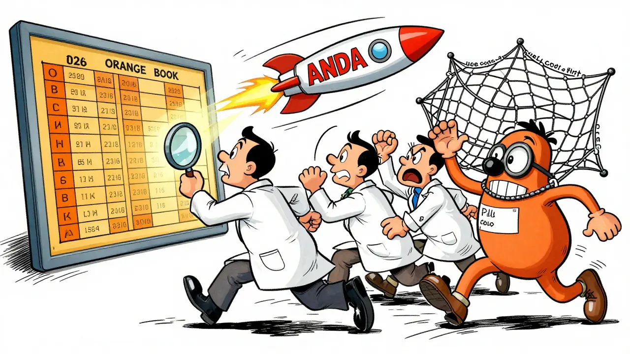 Generic drug inventors race to launch an ANDA rocket as a patent thicket blocks them, with expiration dates in the background.