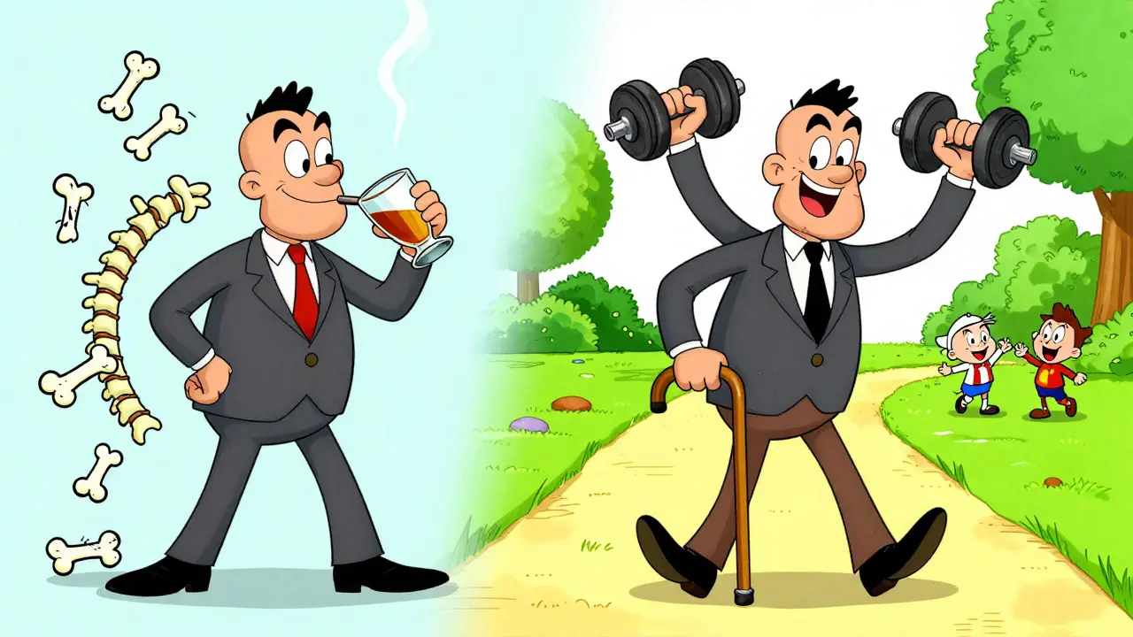 Man smoking and drinking on one side, same man exercising and playing with grandchildren on the other.