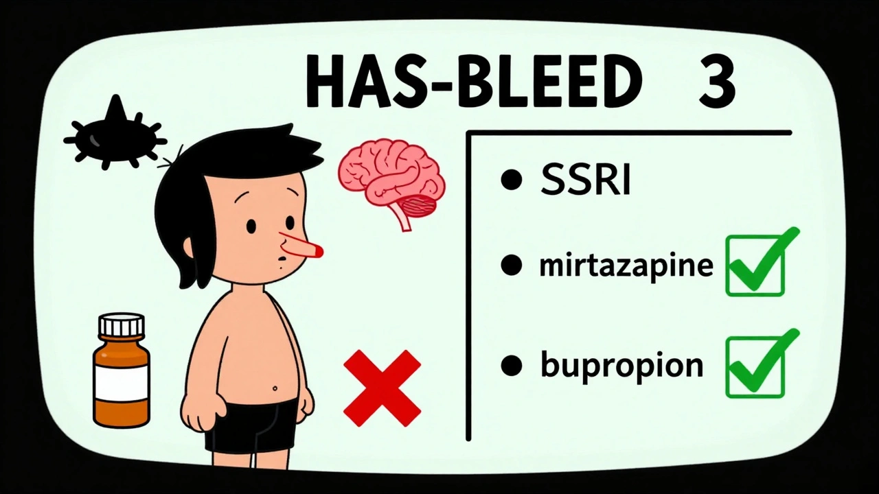 Medical chart showing bleeding risks and safer antidepressant alternatives in retro cartoon style.
